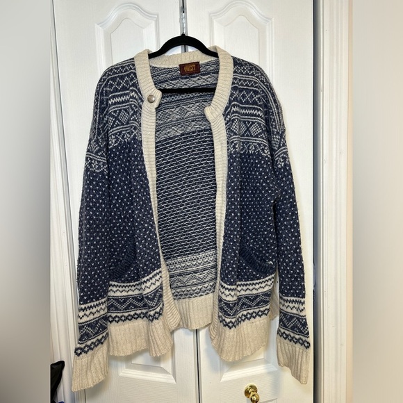 Vintage Nordic Fair Isle Knit Cardigan Sweater Navy & Cream Chunky Wool Blend - Picture 1 of 8
